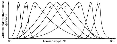 Рис. 2. Положение кривых оптимума на температурной шкале для